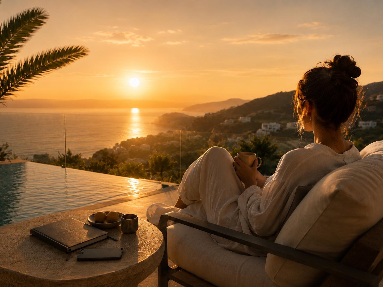 Golden-hour terrace overlooking the sea, a woman with a cup watching the sunset